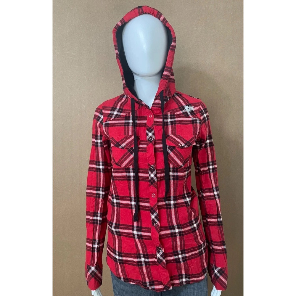 Fox Women's Jacket Shacket Snap Button  Hooded Long‎ Sleeve S Red Plaid Y2k